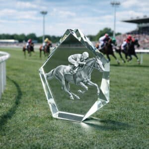 Trophée en verre optique de prestige. Gravure laser au cœur du verre