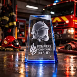 Trophée en verre personnalisé original gravé avec base bleue