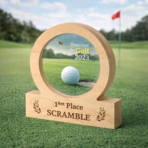 Trophée rond bois et plexi personnalisé