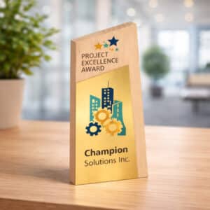 Trophée vertical bois métal personnalisé