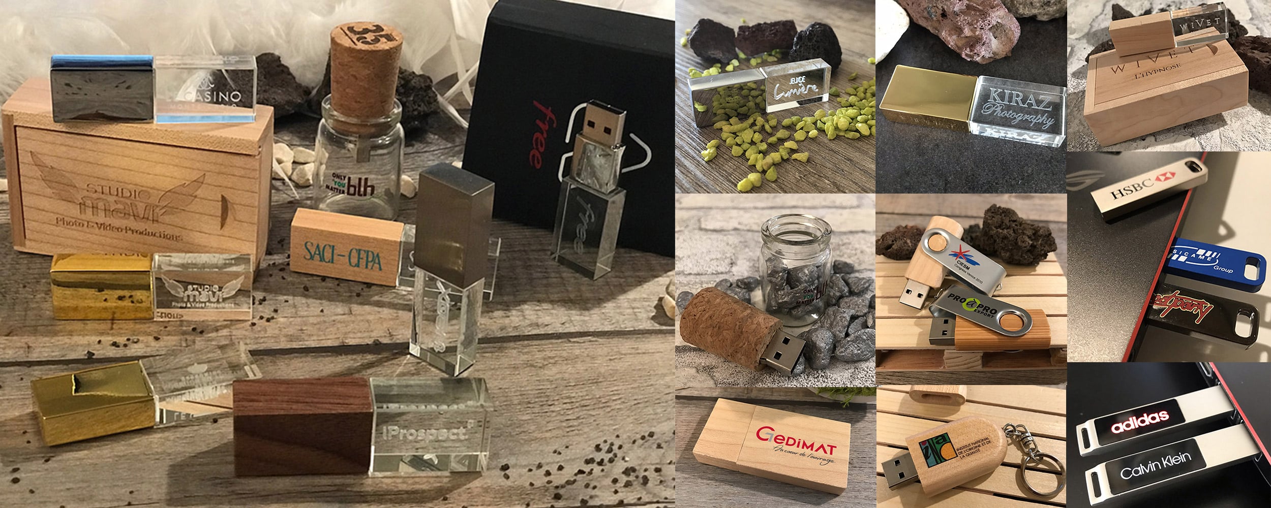 Clés USB personnalisées, verre, bois, métal