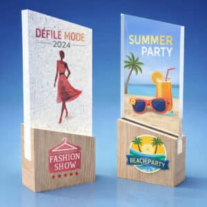 Trophée bois acrylique oblique personnalisable, couleur et gravure laser