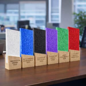 Trophée bois acrylique oblique personnalisable, couleur et gravure laser